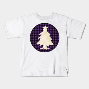 Christmas tree silhouette over a black and violet tile pattern Kids T-Shirt